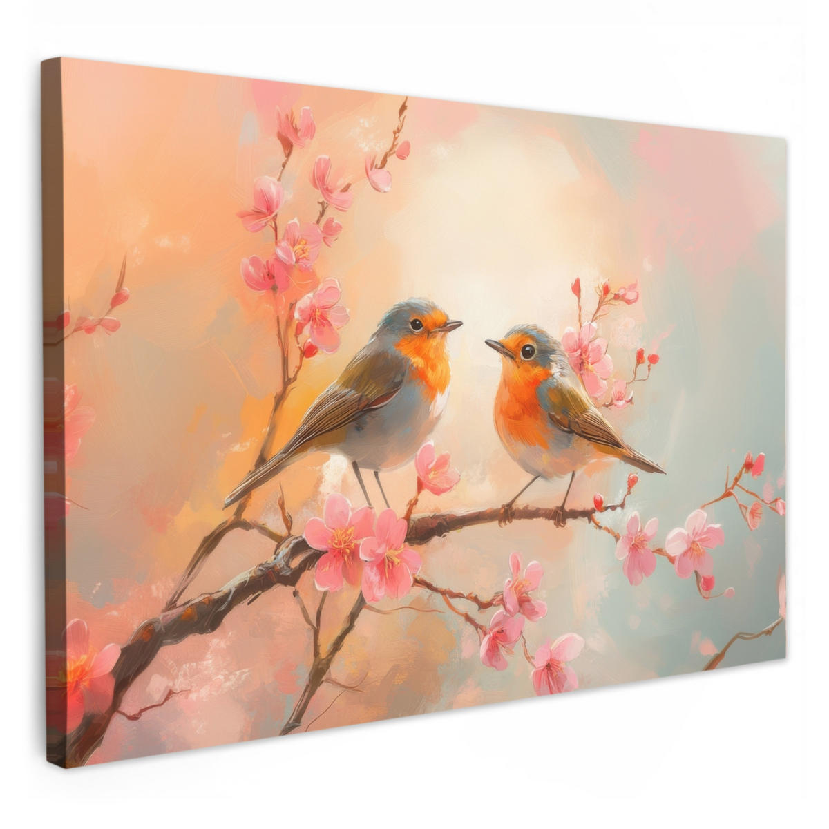 LEINWANDBILD Rotkehlchen - Zierpflanze - Blütenzweig Wohnzimmer 120x80 cm - Hellrosa, Textil (120/80cm) - MuchoWow