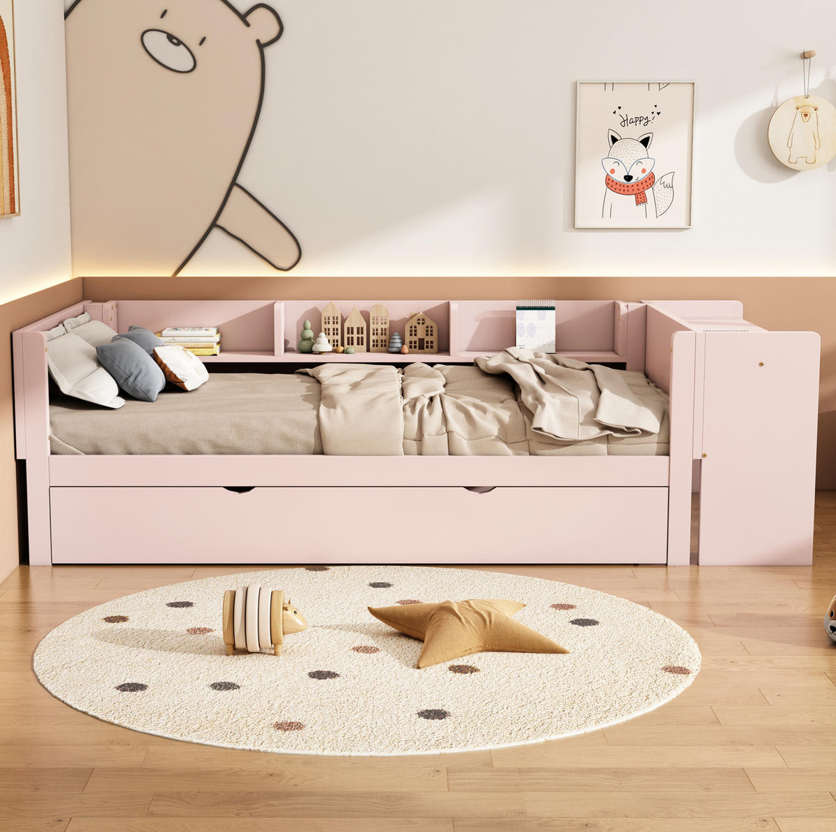 KINDERBETT 90/200 cm mit Ausziehbett, Schreibtisch und 3 Regalen, Rosa - Rosa, Holzwerkstoff (90/200cm) - Redom