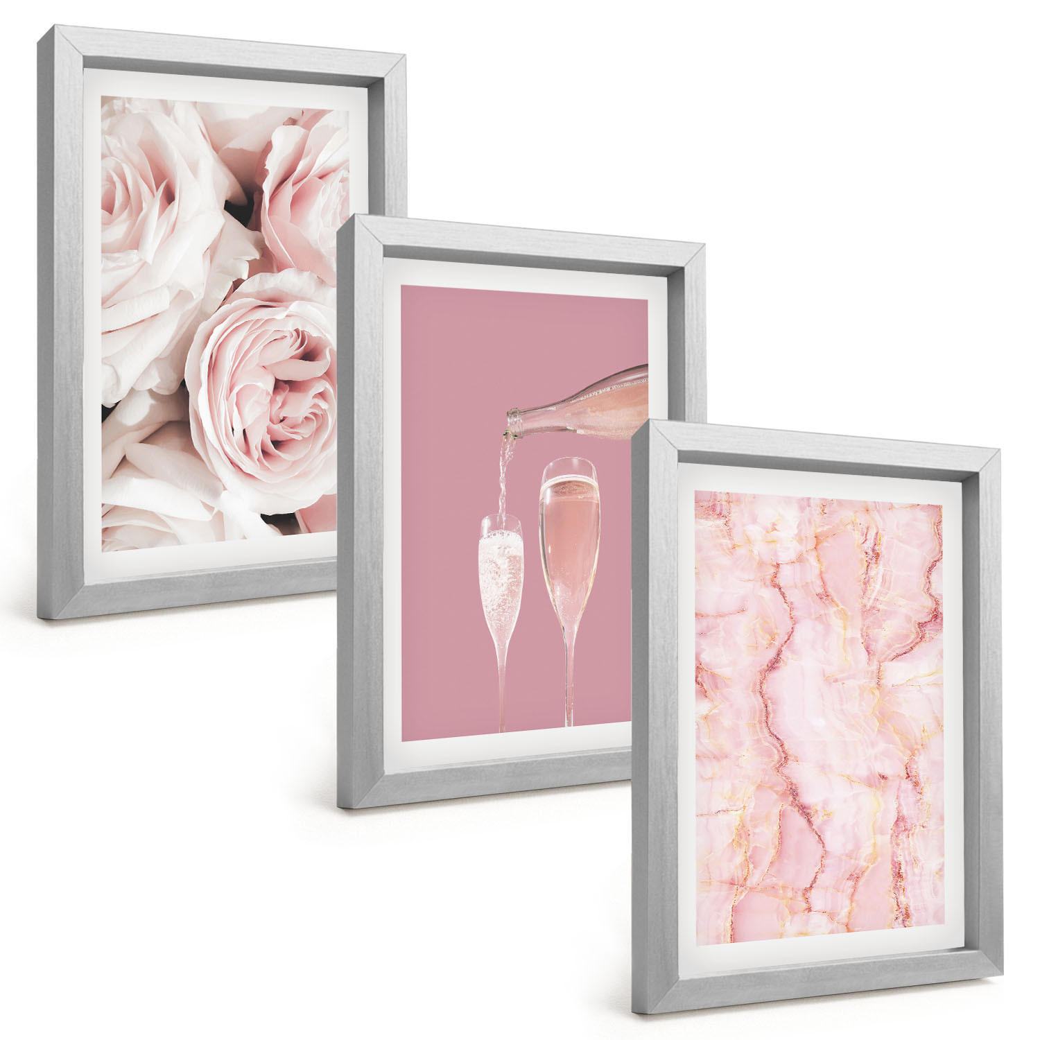 BILDER SET 3er Set - 20x30 cm Silberner Rahmen - Champagnerfarbene Rosen, Marmorhintergrund - Silberfarben, Kunststoff (20/30cm) - TULUP