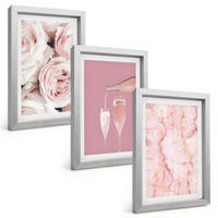 BILDER SET 3er Set - 20x30 cm Silberner Rahmen - Champagnerfarbene Rosen, Marmorhintergrund - Silberfarben, Kunststoff (20/30cm) - TULUP