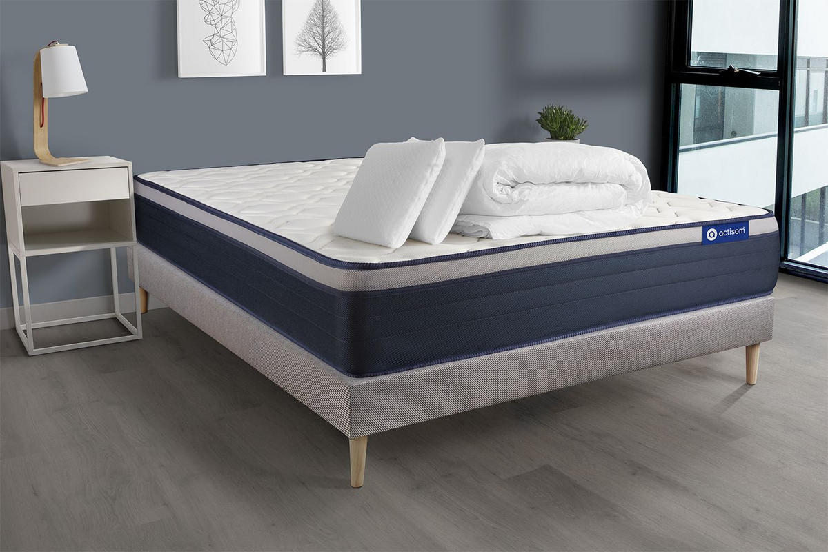 BETT Actiflex max Taschenfederkern und Memory-Schaum 180 x 200 cm h3 - Kit Bettgestell Grau - Mit Kissen und Bettdecke - Beige/Grau, Holz/Textil (180/200cm) - ACTISOM