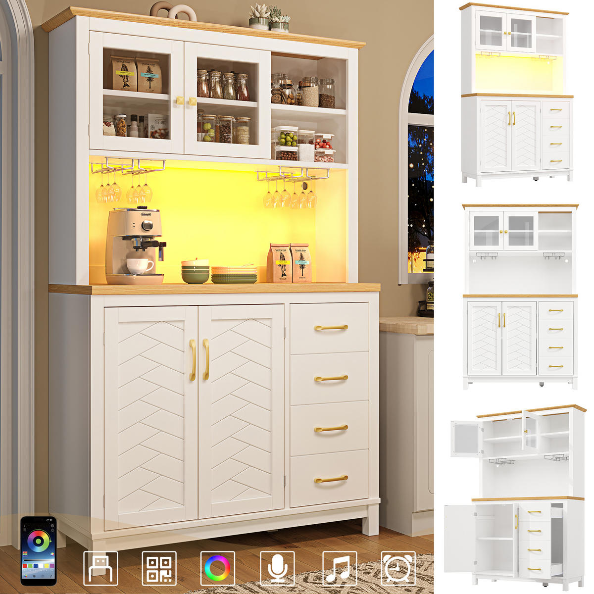 BUFFETSCHRANK landhausstil weiß 180 cm hoch mit app-led & gläserhalter - Weiß, Holzwerkstoff (105.5/180/40cm) - Urban Meuble