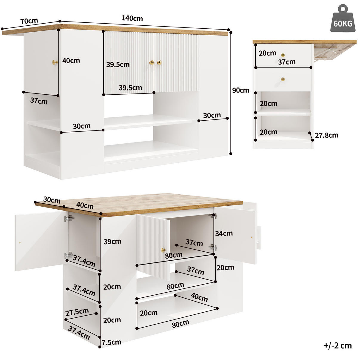 KUHINJSKI otok 140/70/90 cm, MDF, bijeli, na razvlačenje s prostorom za odlaganje - bijela, drvni materijal (40/90/140cm) - BEAOK