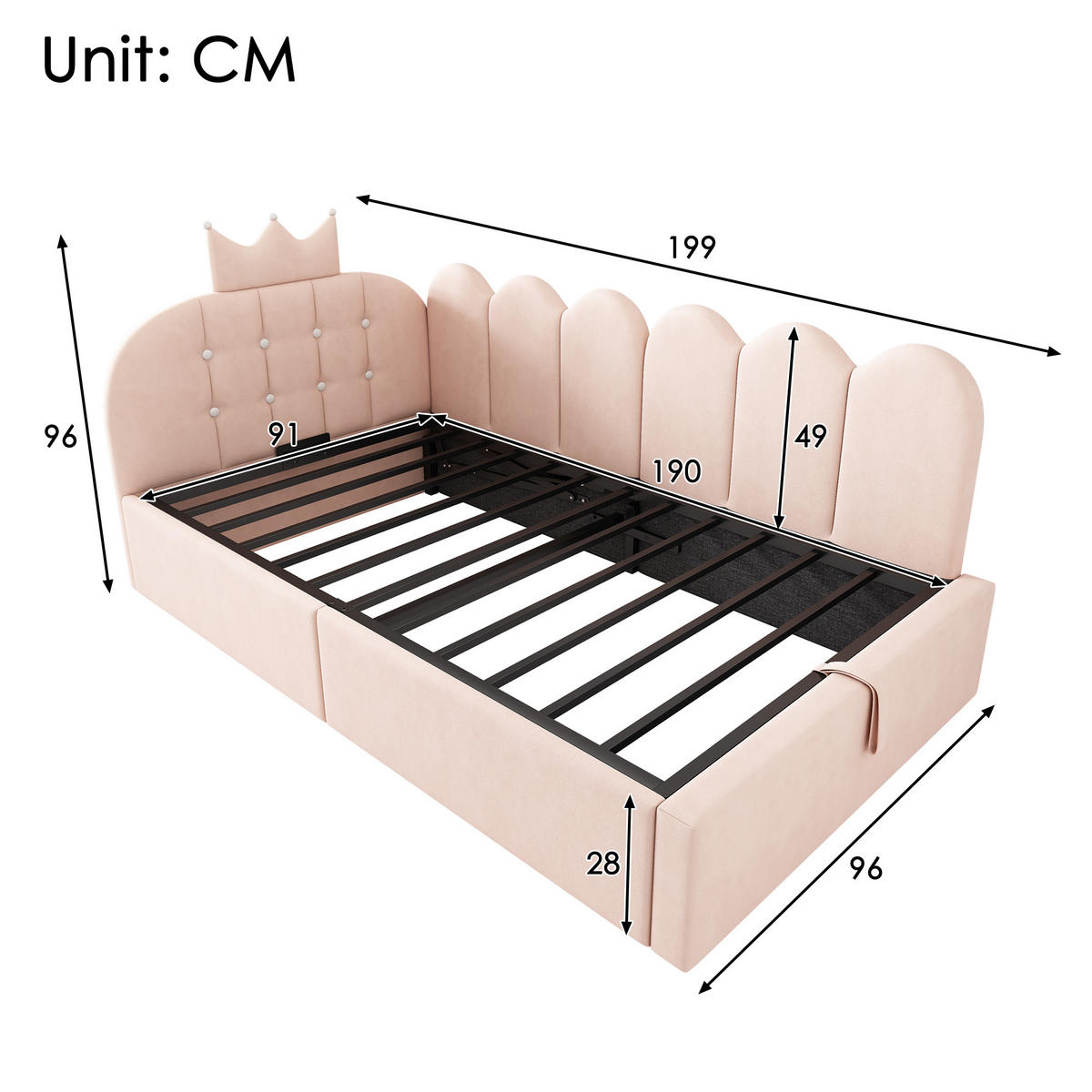 KINDERBETT 90/190 cm DE-00316, in Rosa, hydraulischem Stauraum - Rosa, Metall (90/190cm) - ComfortXL