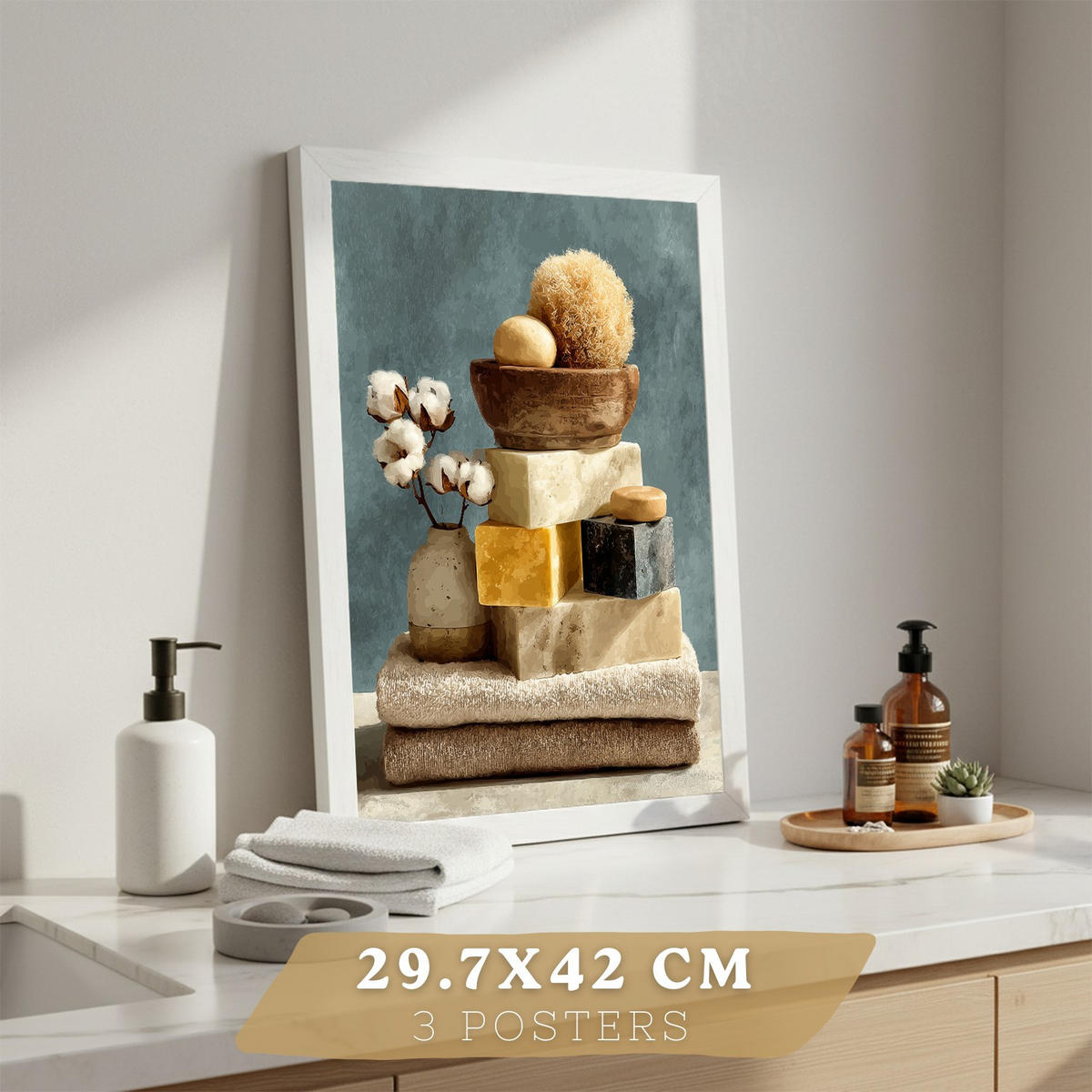 PLAKÁT Sada 3 dekorativních koupelnu se svíčkami Bílý rám A3 - bílá, papír (42/29.7/3cm) - Nacnic