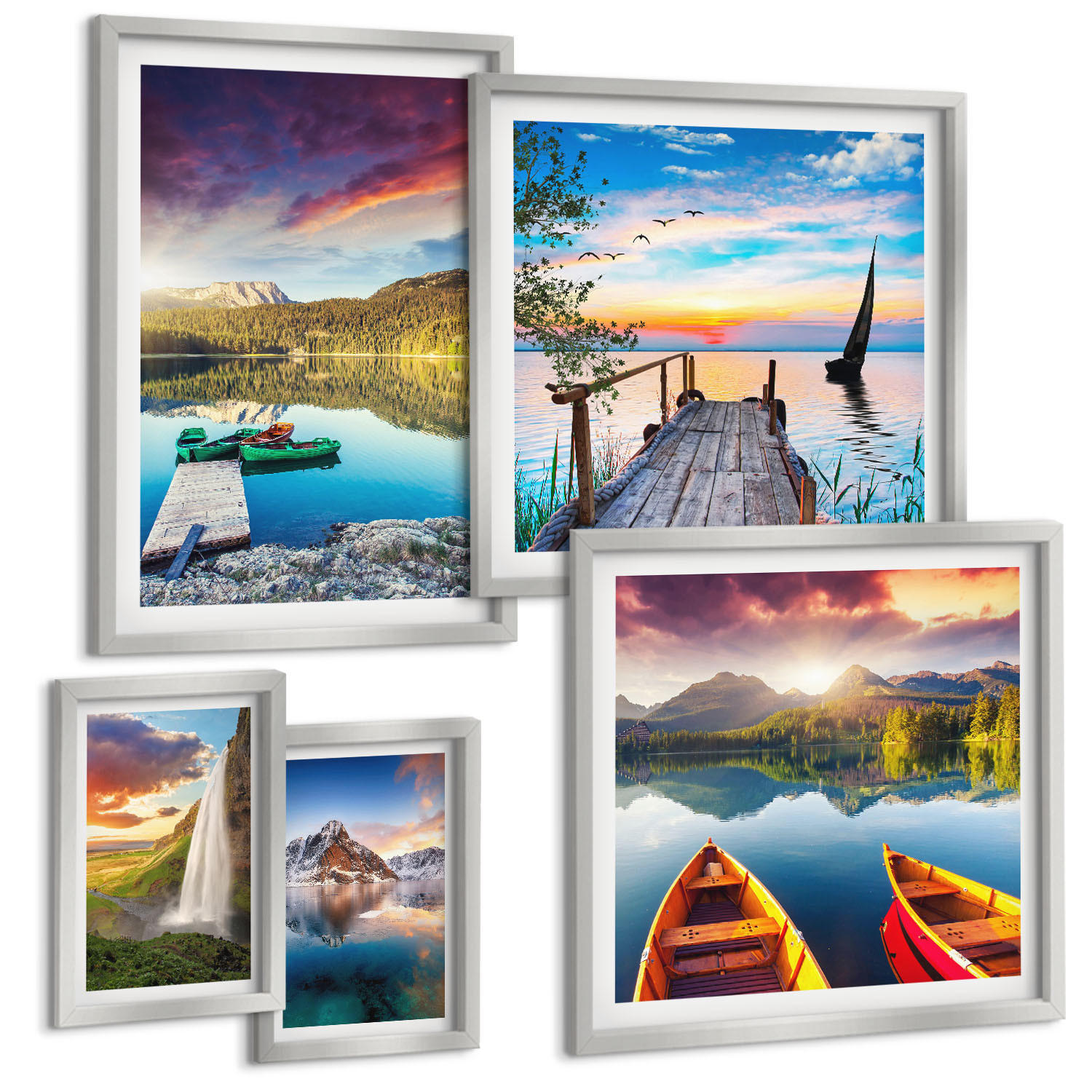 BILDER SET 5er Set - 50x50 cm & 20x30 cm & 40x60 cm Silberner Rahmen - Seen- und Berglandschaft Łódź - Silberfarben, Kunststoff (40/60cm) - TULUP