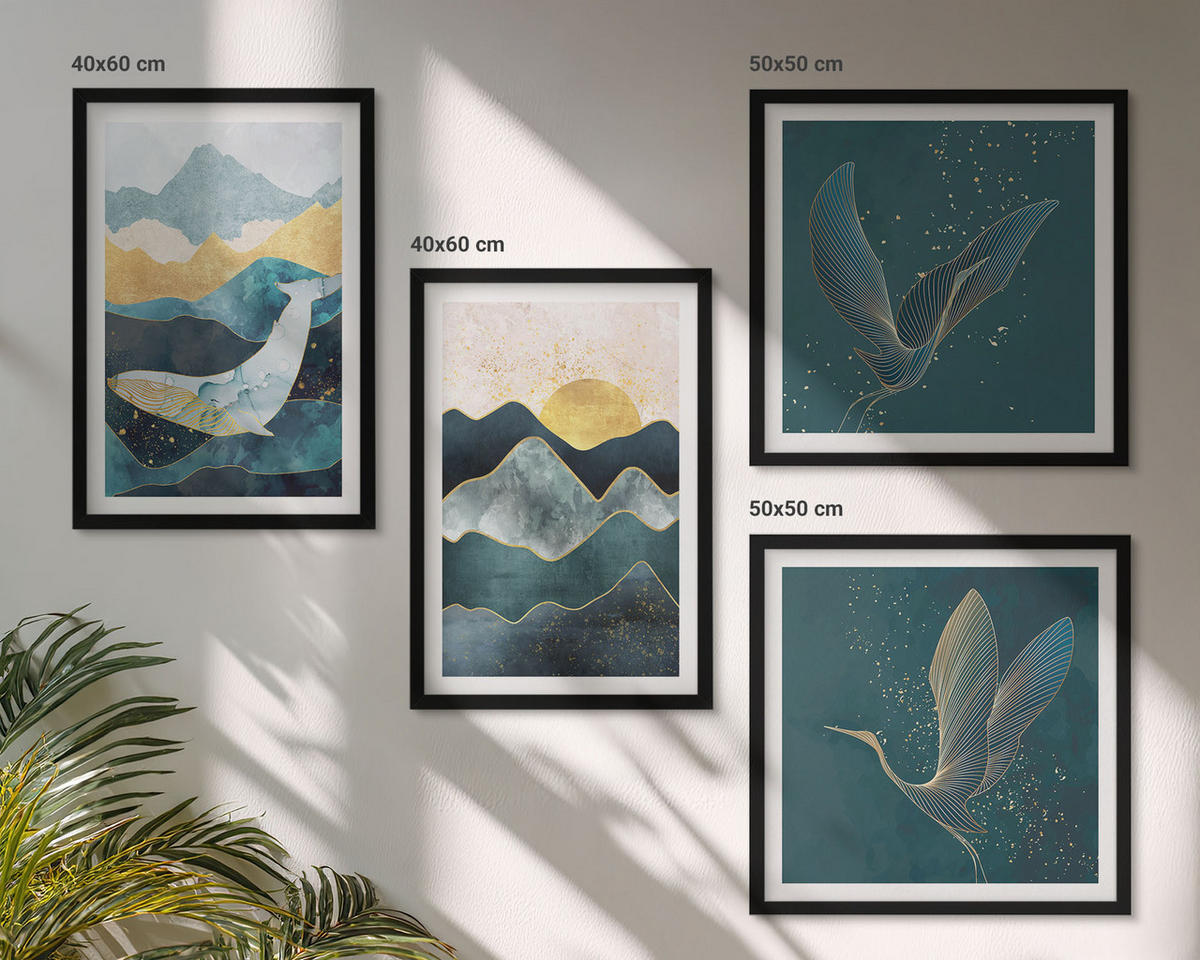 BILDER SET 4er Set - 50x50 cm & 40x60 cm Schwarzer Rahmen - Abstrakte Kranichberge - Schwarz, Kunststoff (50/50cm) - TULUP