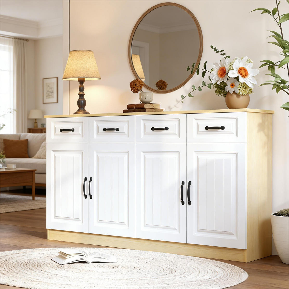 SIDEBOARD Weiß Naturfarben 160/35/80 cm - Weiß, Holzwerkstoff (160/80/35cm) - PANGIVO