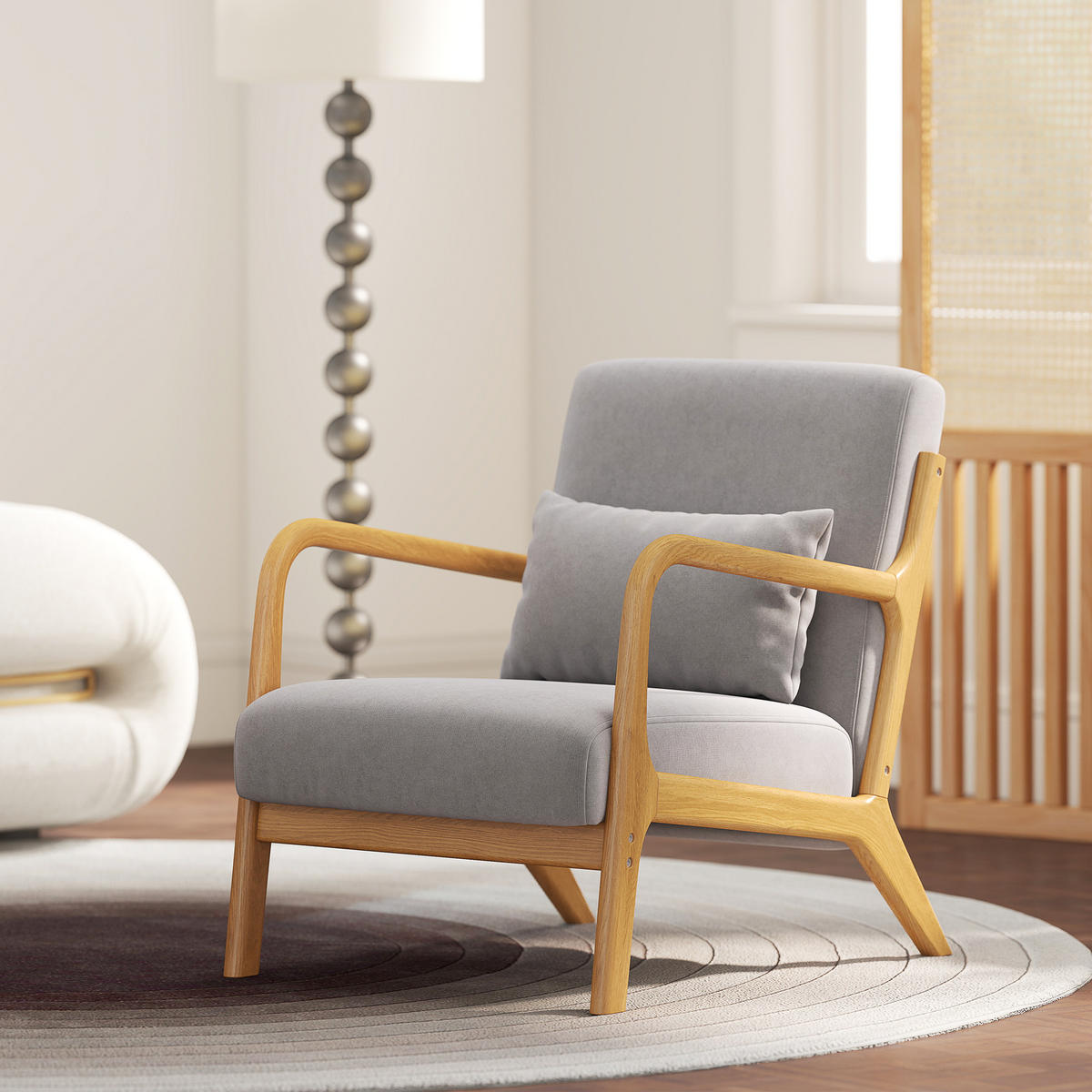 SESSEL Loungesessel mit Armlehne, Lendenkissen, S-Feder für Schlafzimmer, Grau - Naturfarben/Grau, Holz/Textil (61/76/78cm) - HOMCOM