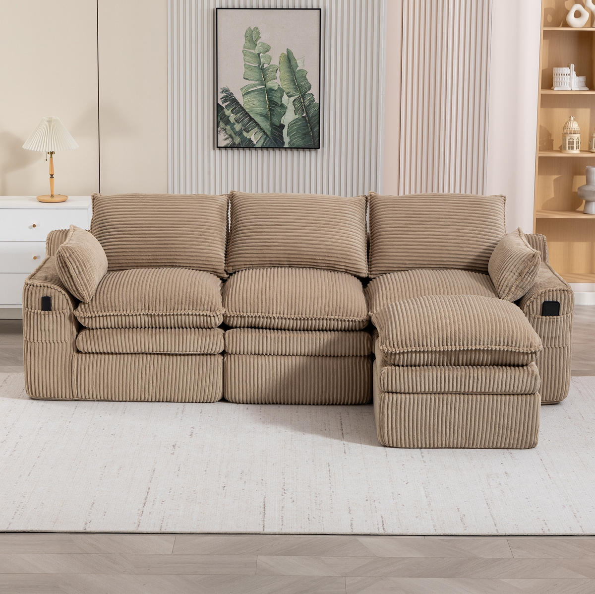 3-STIZER Sofa 263/167/85 cm mit Hocker, Cordbezug, Seitentaschen und Federkern, Khaki - Beige, Textil (263/85/167cm) - Redom