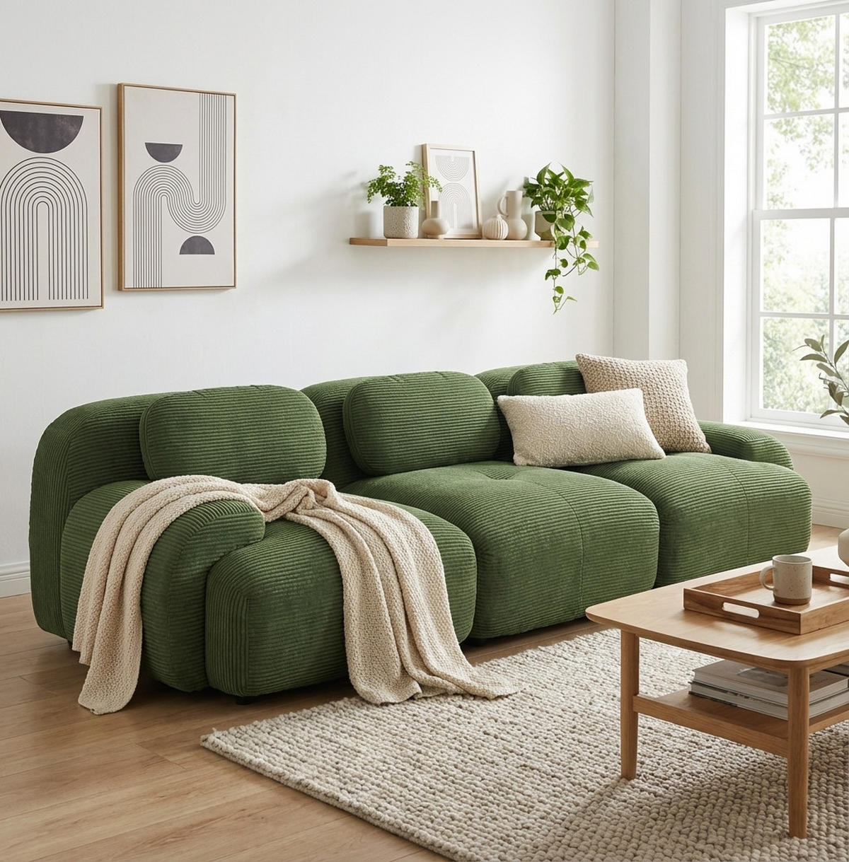 3-SITZER-SOFA in Premium-Cord Montagefrei & Rutschfest - Grün, Textil (298/75/103cm) - Urban Meuble