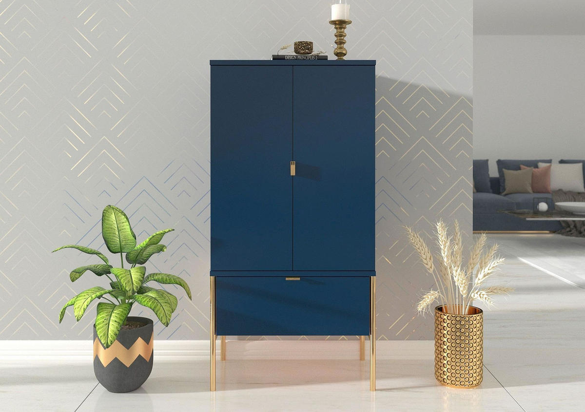 HIGHBOARD Polka, Marineblau, Goldene Details - Goldfarben/Dunkelblau, Holzwerkstoff/Metall (60/120/37cm) - Skandica