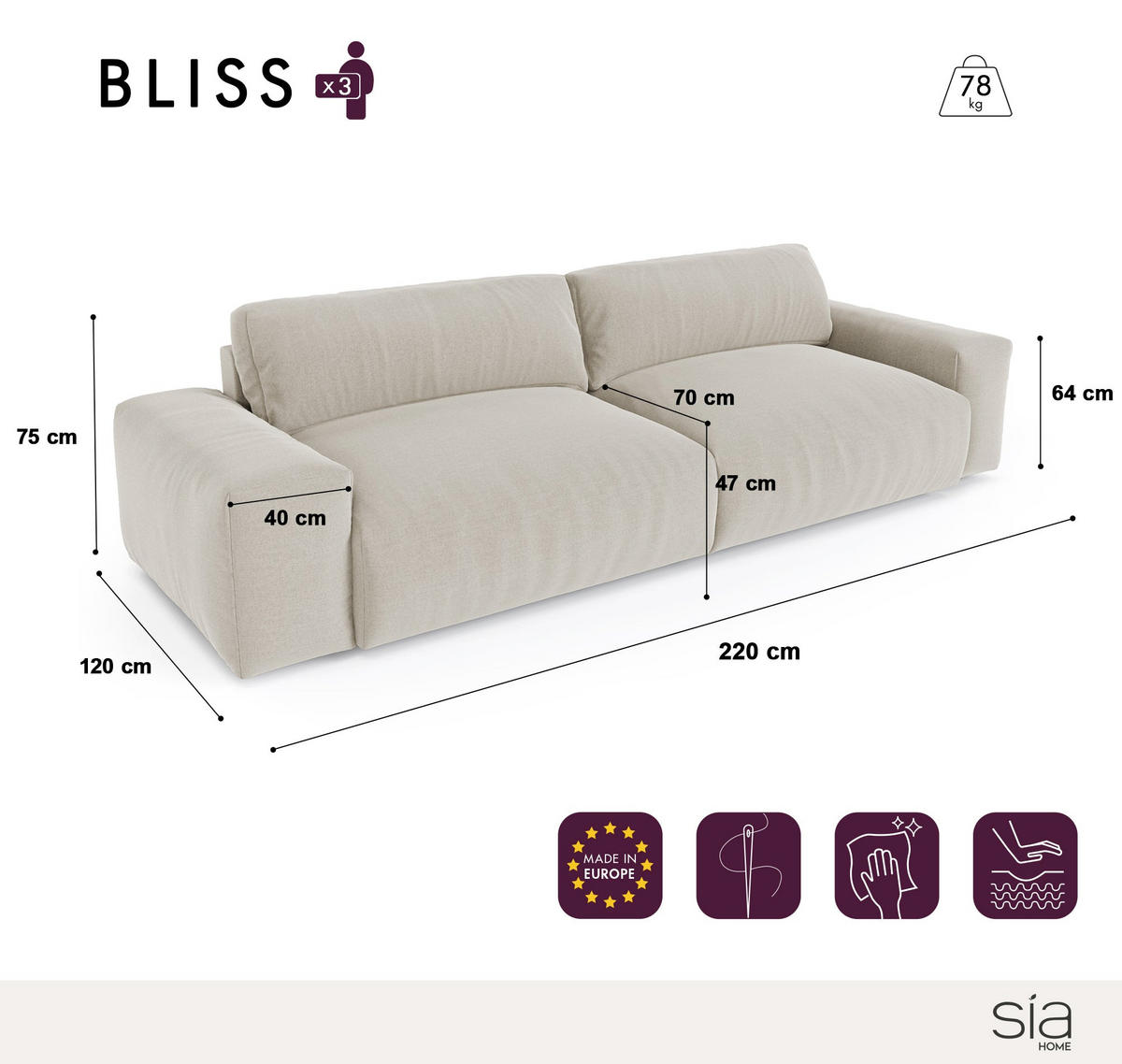 SOFA 3-SITZER Samt creme 220 cm - Creme, Textil (220/47/120cm) - Sia Home