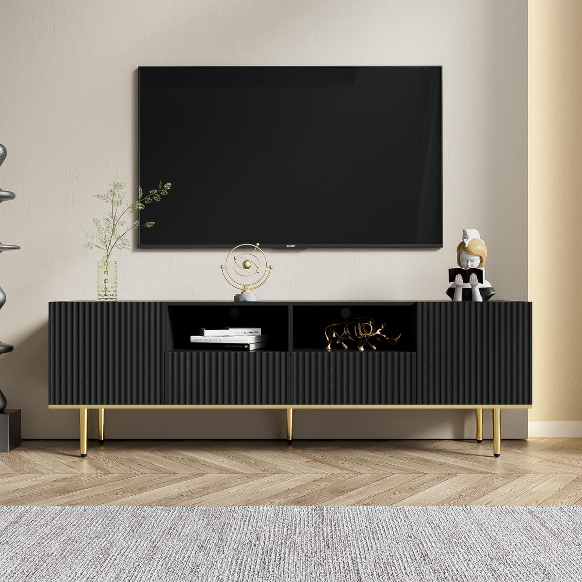 TV Lowboard goldene Füße, Stauraum, Schwarz - Schwarz, Holz (165/55/36cm)