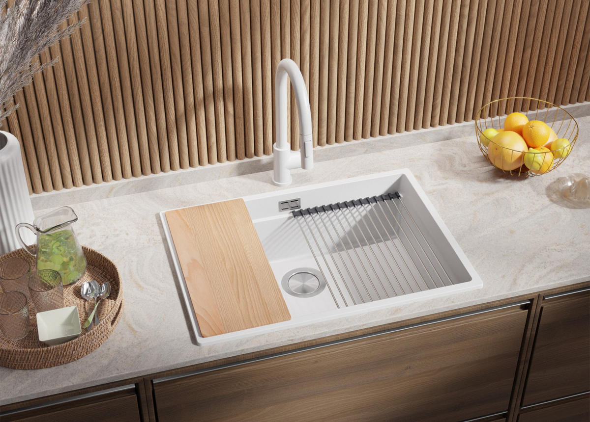 GRANITSPÜLE Praga Slim, 2-er set Weiß 66/47 cm 1 Becken + Küchenarmatur 40/20 cm + Ablauf-Set + Aufrollbare Abtropffläche ab 70er Unterschrank - Chromfarben/Weiß, Kunststoff (66/20/47cm) - Primagran