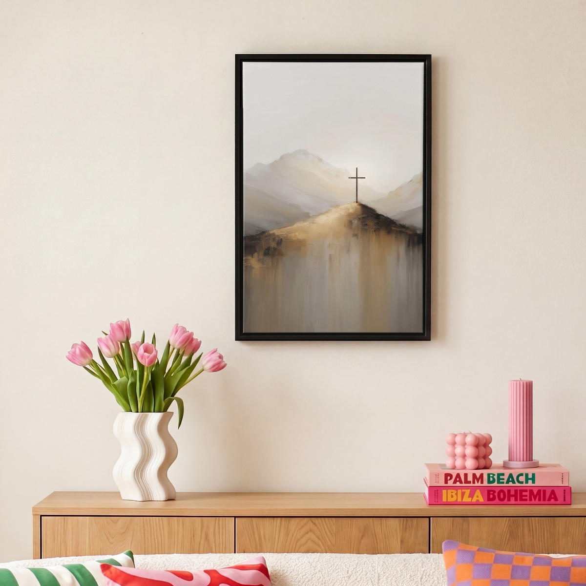LEINWAND Bilder mit Rahmen - Hügel - Abstrakt - Kreuz - Christentum - 20x30 - Beige, Textil (20/30cm) - MuchoWow