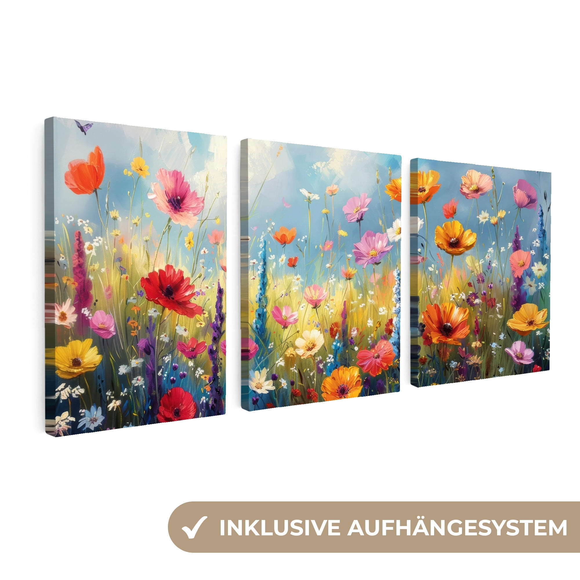 LEINWANDBILD 3er Set Blumen - Frühling - Farbenfroh - Sommerlich 180x80 cm - Orange, Textil (180/80cm) - MuchoWow