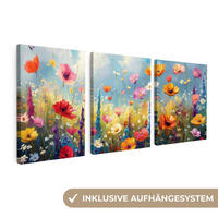 LEINWANDBILD - 3er Set - Blumen - Frühling - Farbenfroh - Sommerlich - 90x40 - Orange, Textil (90/40cm) - MuchoWow