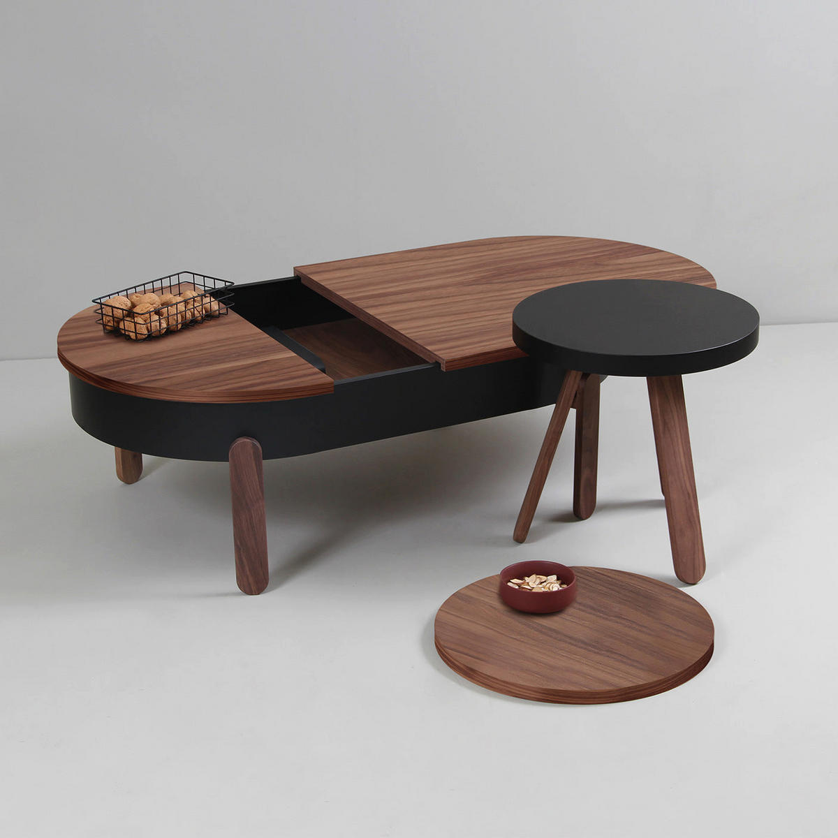 BEISTELLTISCH Batea S mit Tablett - Walnussfarben/Schwarz, Holz (42/42/42cm) - Woodendot