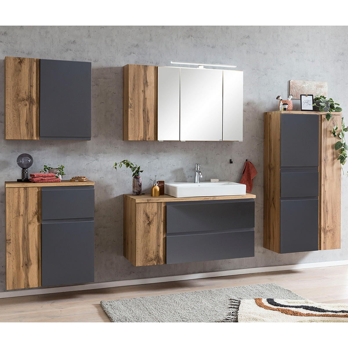 BADMÖBEL-SET 5-TLG. Vasto-03 - Grau, Holzwerkstoff (265/200/47cm) - Lomado