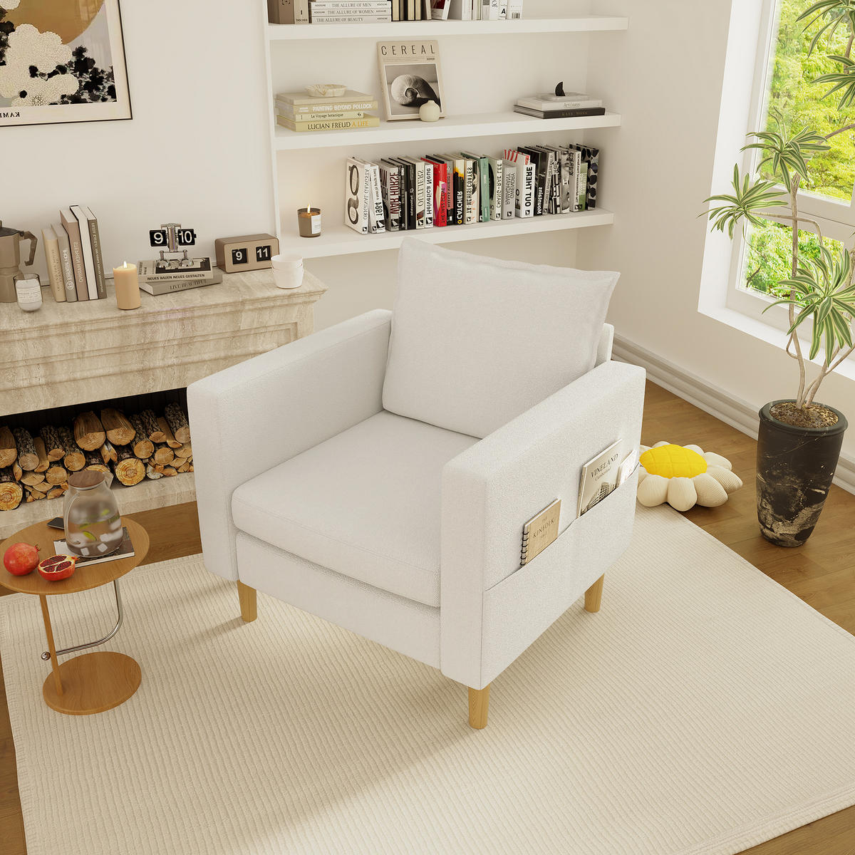 SESSEL Chenille Beige mit Seitentasche - Beige, Holz/Holzwerkstoff (71/82/68cm) - WISHDOR