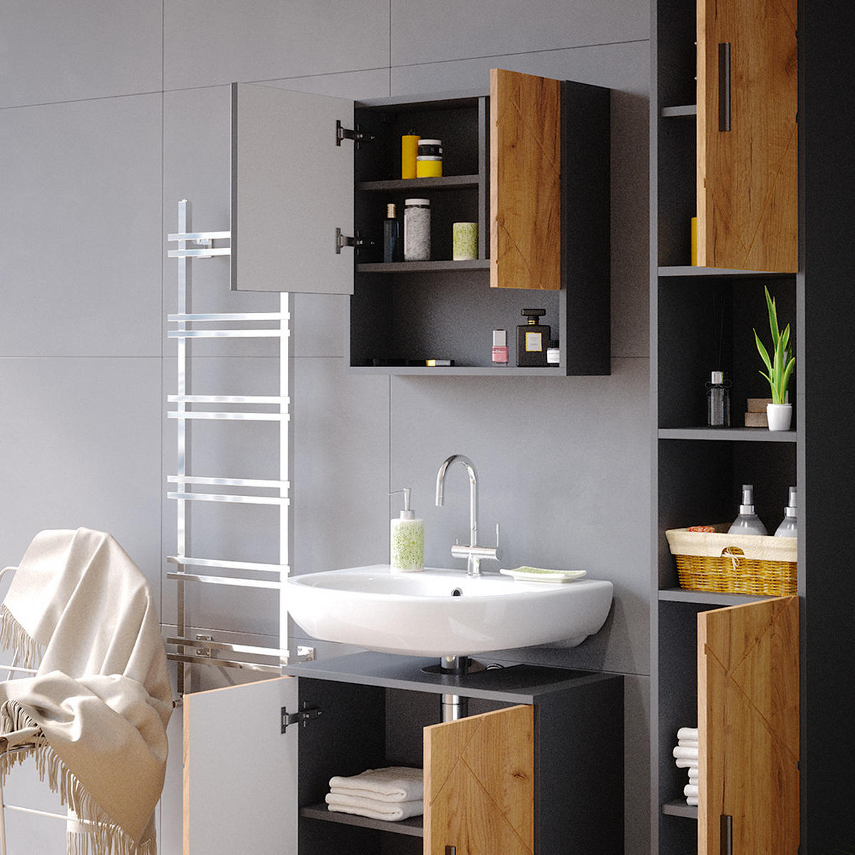 SADA NÁBYTKU DO KOUPELNY Irma Zlatý dub power/antracit - medově dubová/antracitová, kompozitní dřevo (80/58.6/41cm) - Vicco