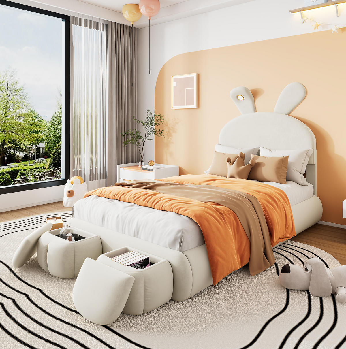 POLSTERBETT 90/200 cm Beige aus Samt mit LED-Beleuchtung und 2 Aufbewahrungshockern - Beige, Textil (90/200cm) - Flora Grace