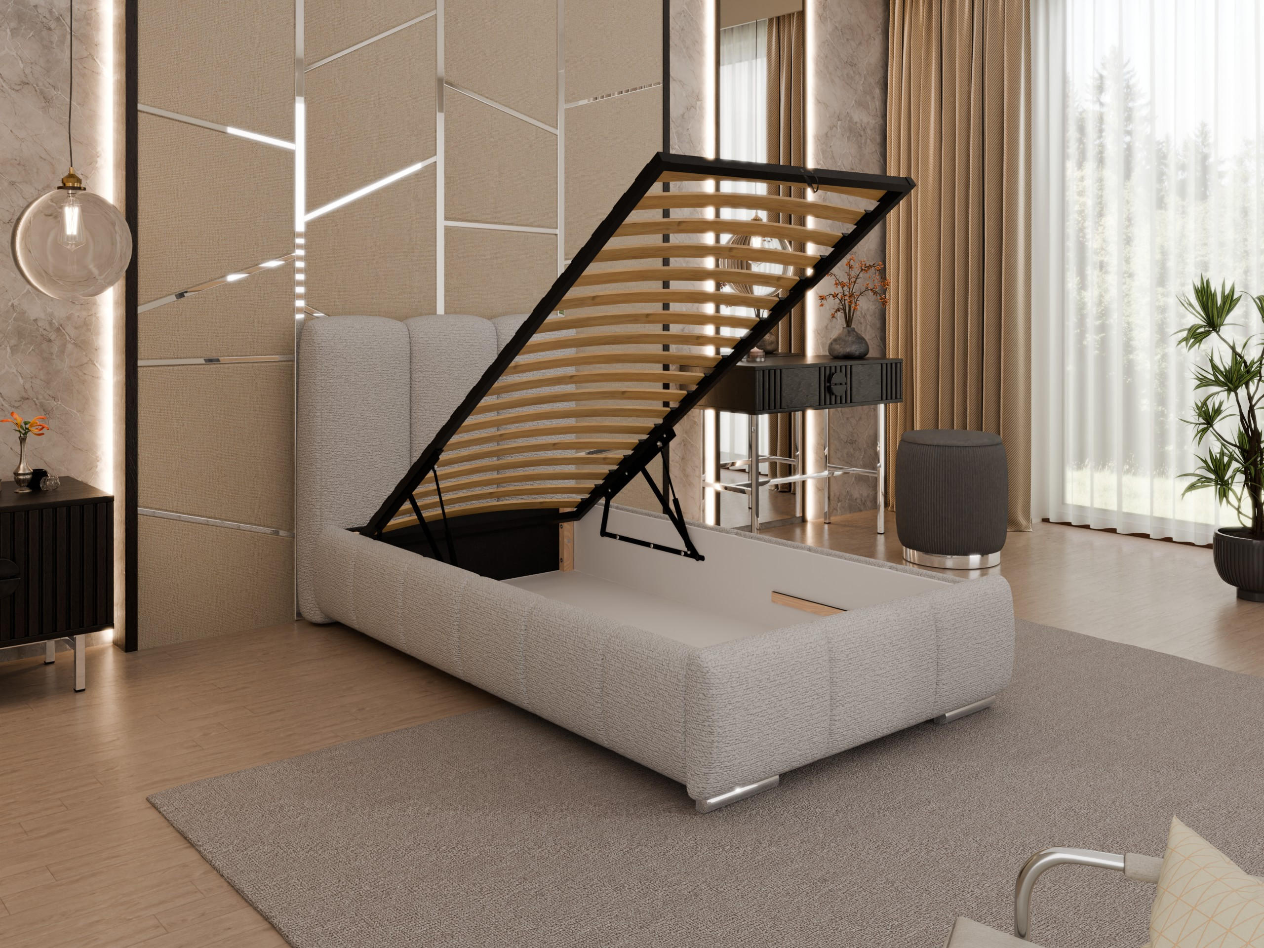 POLSTERBETT ZAIRA 90 x 200 cm mit Bettkasten und Lattenrost, 7-Zonen-Taschenfederkernmatratze CIRA (24 cm) – Dunkelbeige - Beige, Holz (90/200cm) - Panda Möbel