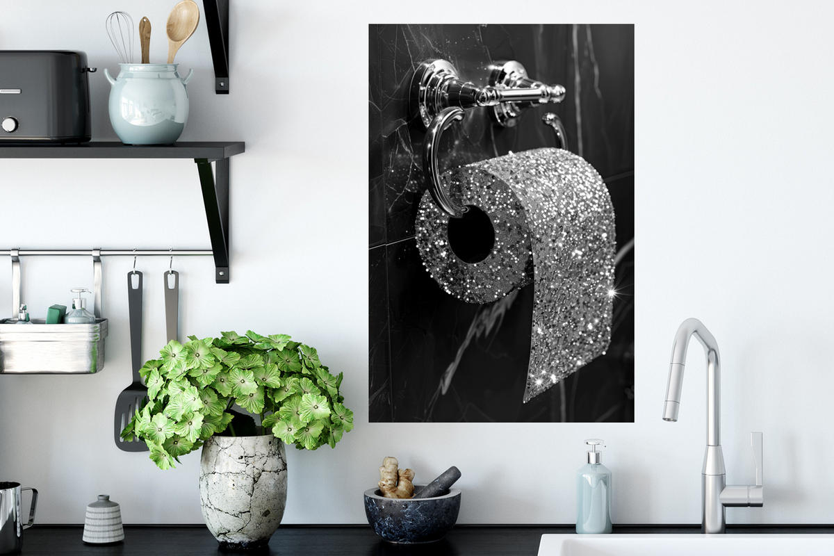 WANDTATTOO WC - Toilettenpapier - Schwarz und weiß - Glitter 40x60 cm - Silberfarben, Kunststoff (40/60/0.1cm) - MuchoWow