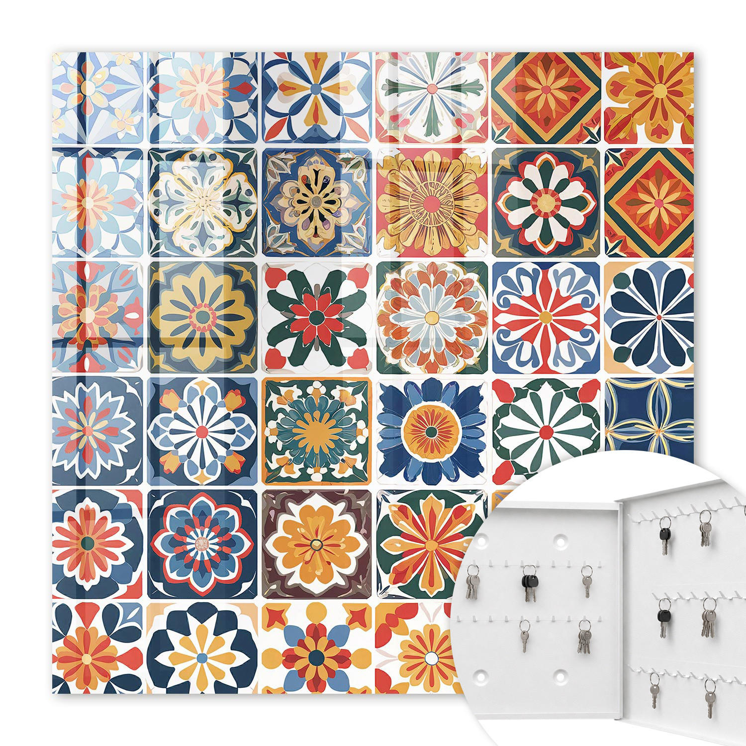 SCHLÜSSELBOX Weiß 30x30 cm – Türöffnung nach rechts - Bunte Fliesen - Blau, Metall (30/30/5cm) - TULUP