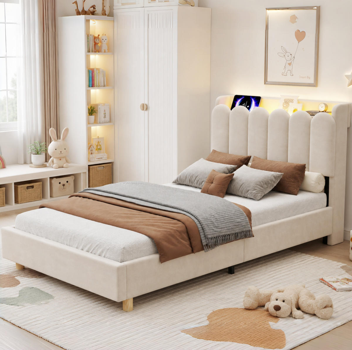 KINDER-POLSTERBETT 90x200 cm in Beige mit USB-/Type-C-Anschlüssen und Nachtlicht - Beige, Textil (90/200cm) - IVMEU