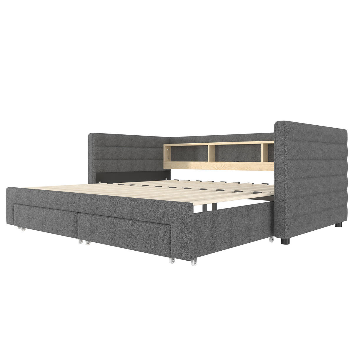 TAGEBETT 90x190cm Grau Samt Ausziehbett 2 Schubladen USB-C LED-Licht - Grau, Holz (90/190cm) - FLIEKS