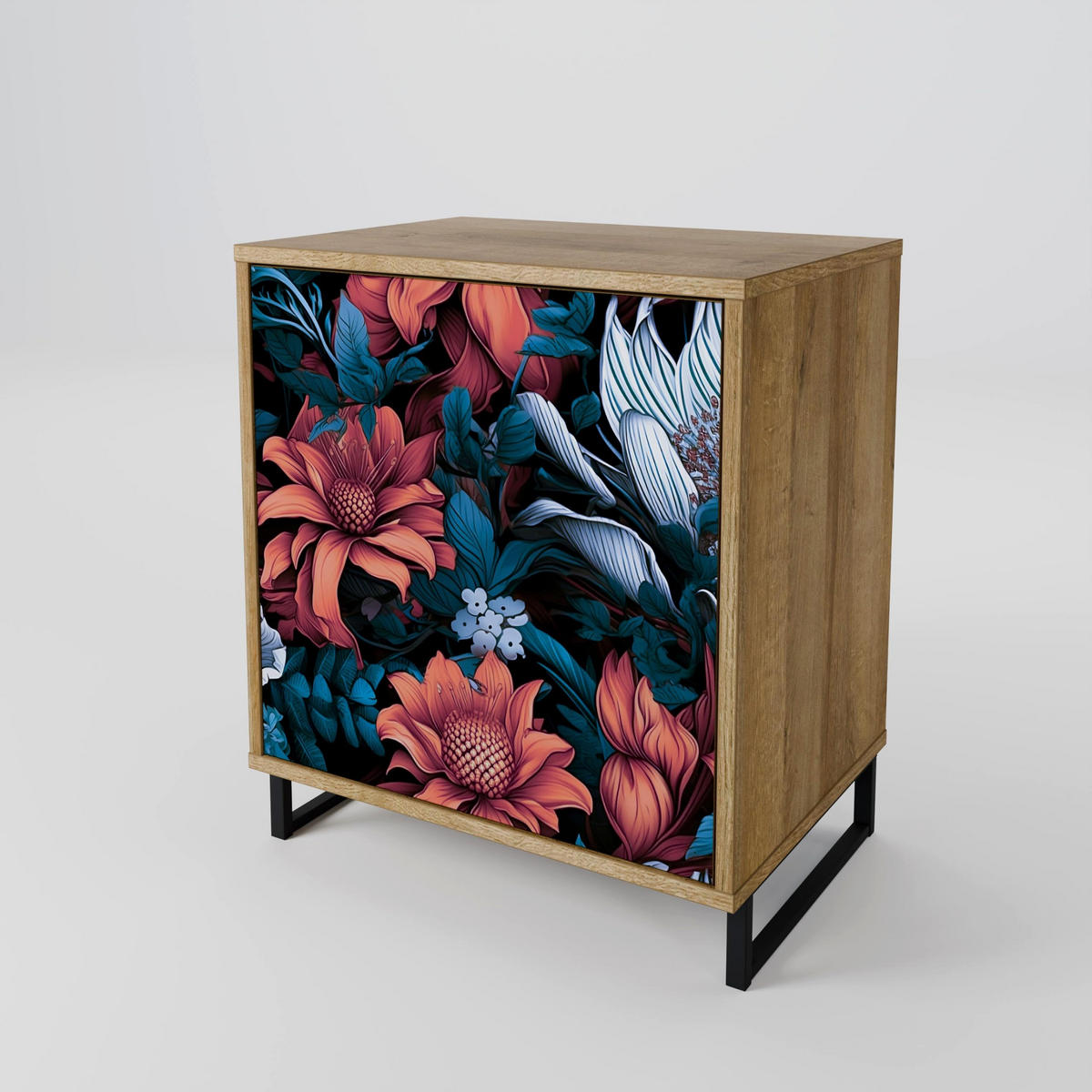 SIDEBOARD ETHEREAL BLOSSOMS, Eichefarben, 57,5x42x70,5 cm, Schwarze Metall-Sternfüße - Eichefarben/Multicolor, Holzwerkstoff/Metall (57.5/70.5/42cm) - SpaceRebels