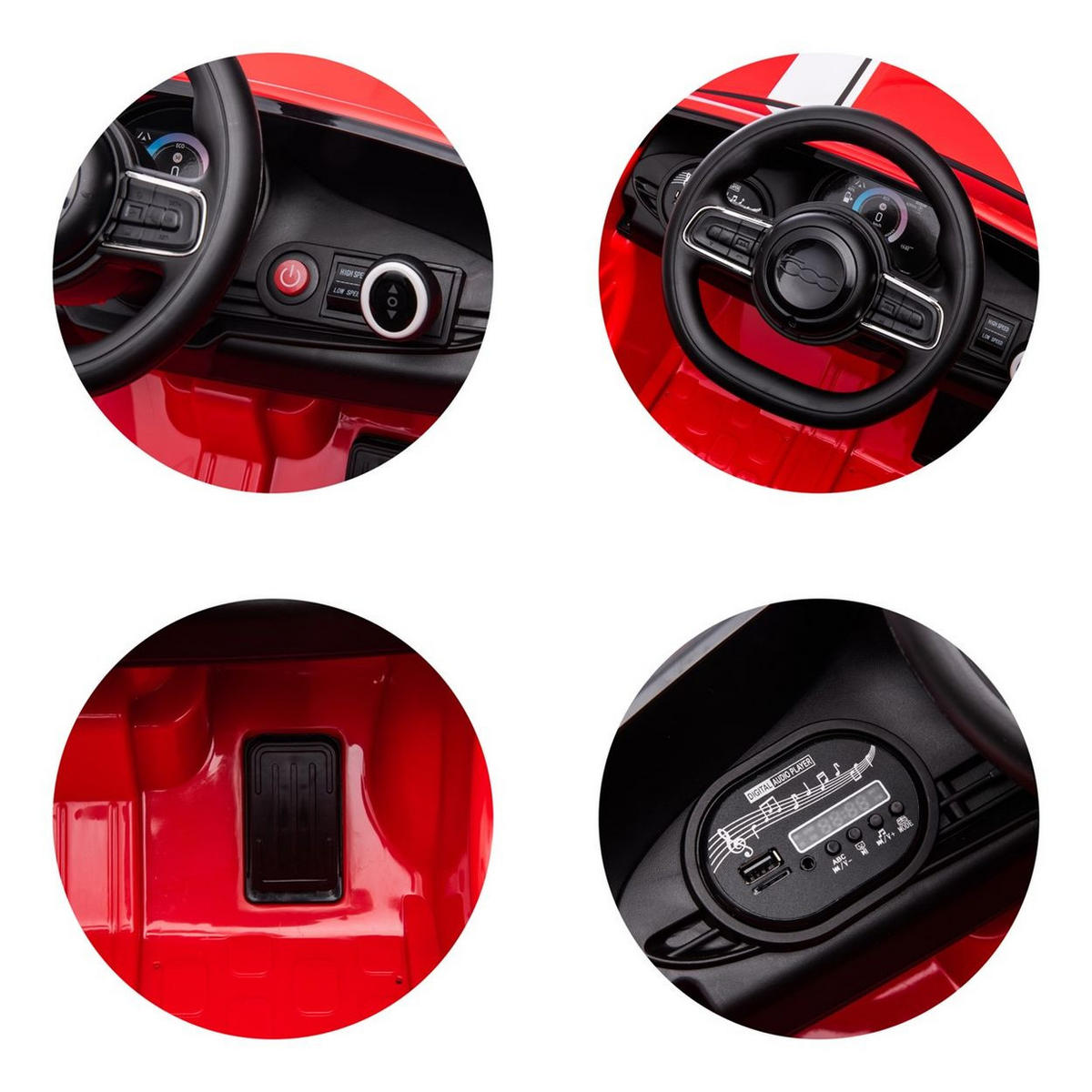 ELEKTROAUTO Fiat 500 rot-schwarz Fernbedienung, Sicherheitsgurt, MP3, USB - Rot, Kunststoff (100/60/50cm) - Chipolino