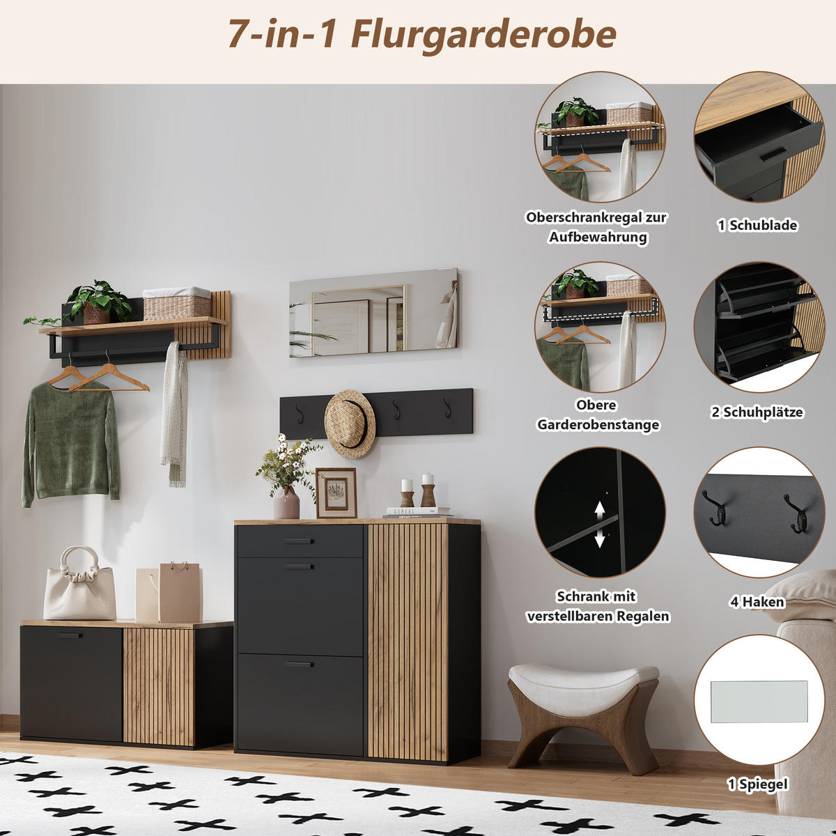 GARDEROBE-SET Spiegel Schuhschrank Schuhbank Kommode - Naturfarben, Holzwerkstoff (85/85/36cm) - FLIEKS