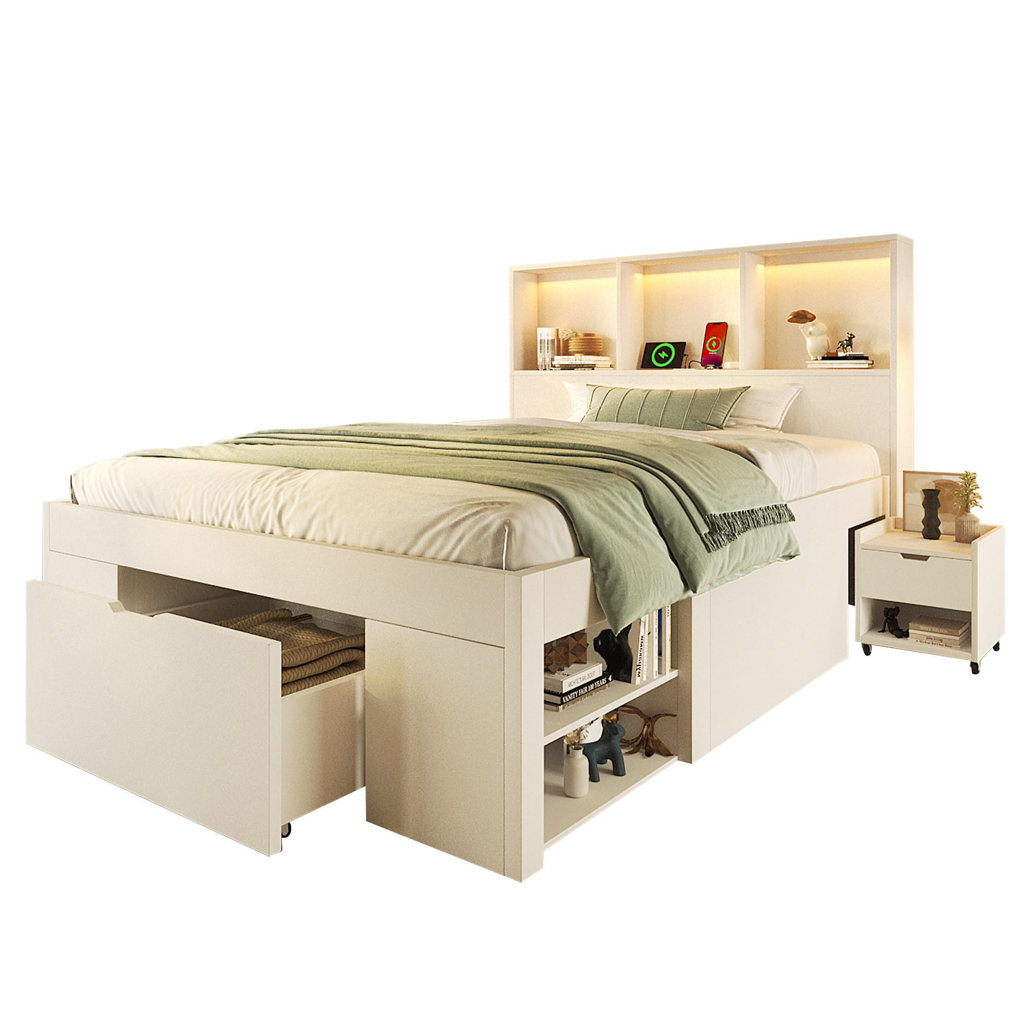 BETT 90/200 cm in Weiß mit Kopfteil, Stauraum, LED und inkl. Matratze - Weiß, Holzwerkstoff (90/200cm) - BEAOK
