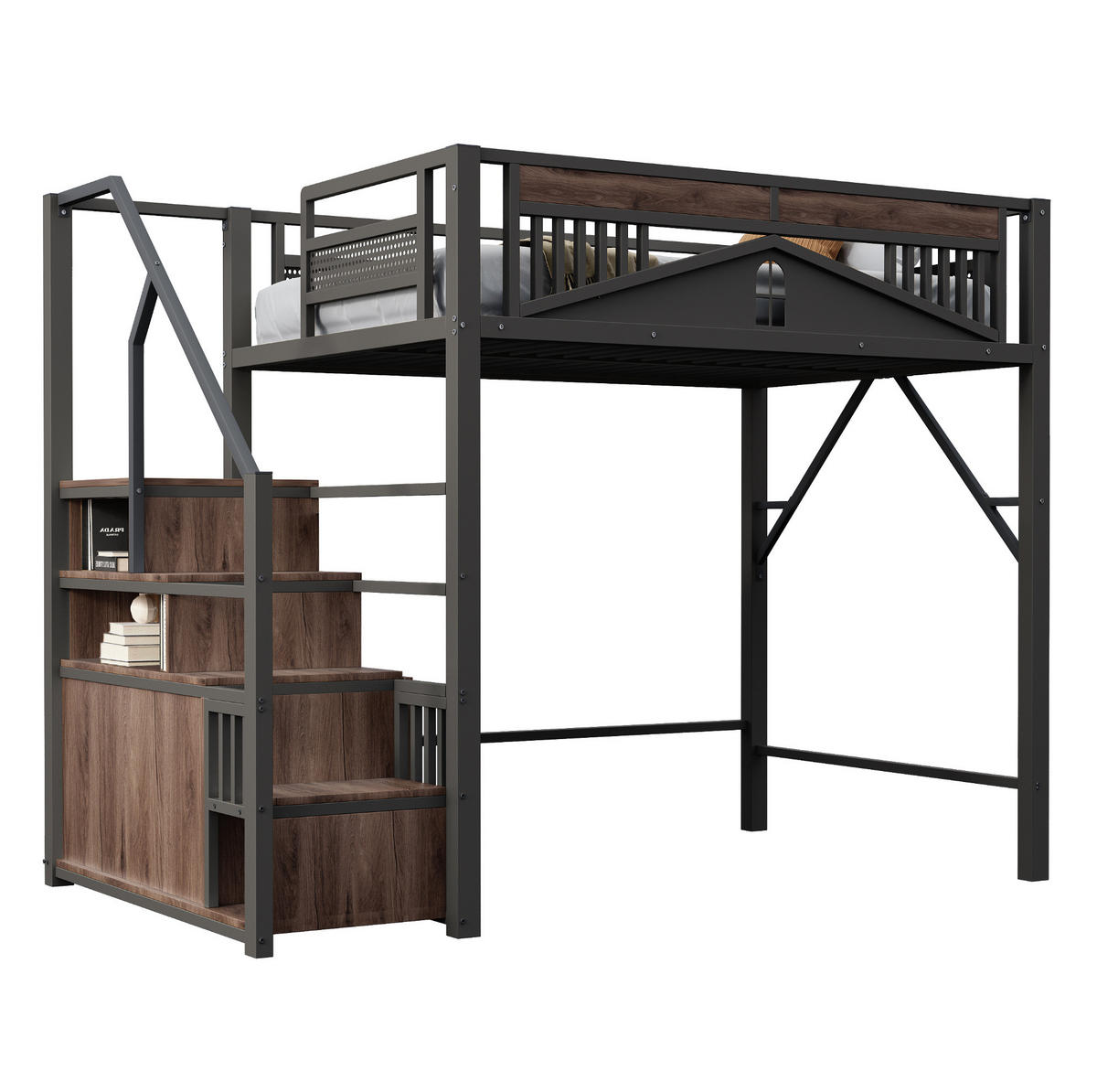HOCHBETT 140/200 cm Schwarz aus Metall und Holz mit Stauraum - Schwarz, Metall (140/200cm) - OKMYHOME