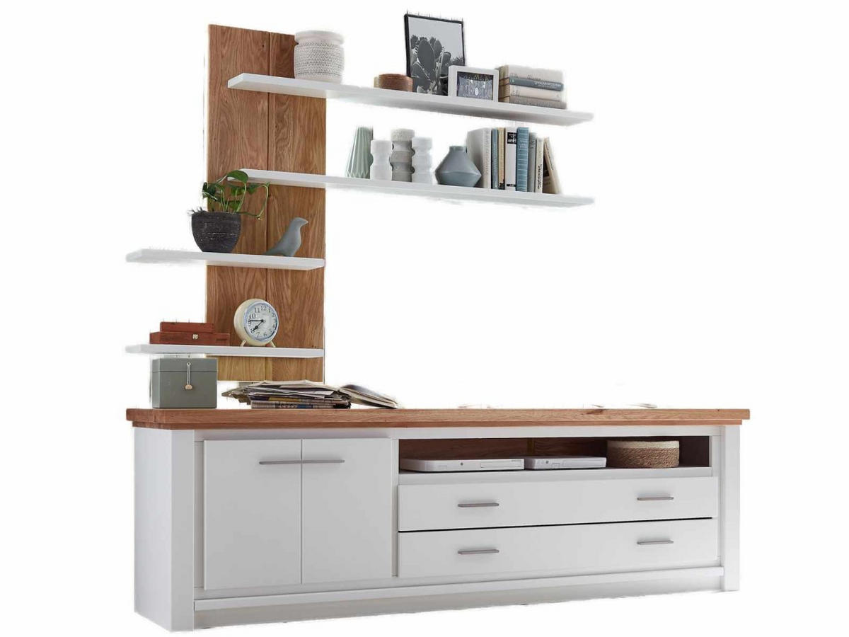 TV-LOWBOARD SET mit Wandregal weiß Olbia Wildeiche 202/45/67 cm - Weiß/Braun, Holz (202/67/45cm) - Casamia Massive Möbel