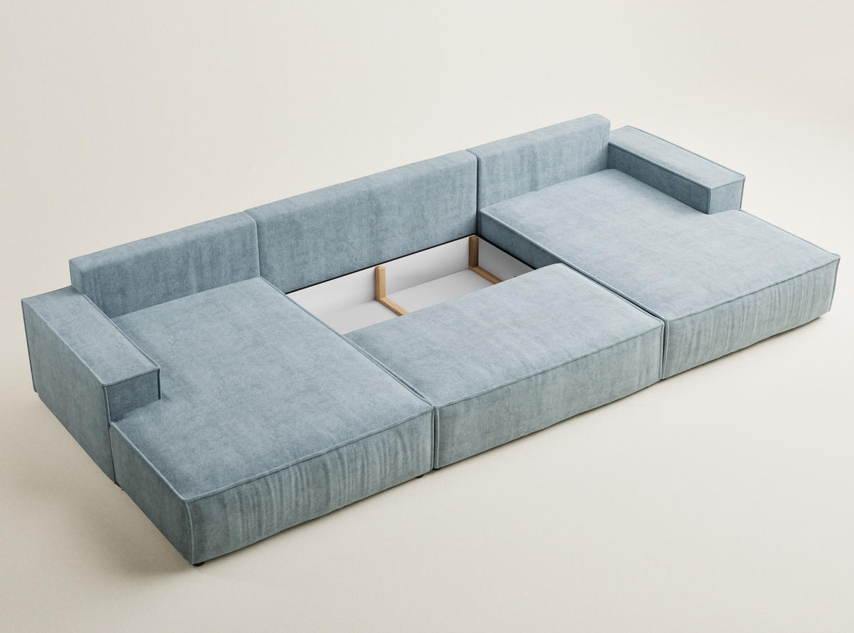 WOHNLANDSCHAFT Kyoto Hellblau Webstoff - Schwarz/Hellblau, Holz/Holzwerkstoff (398/70/148cm) - Maison de Reve