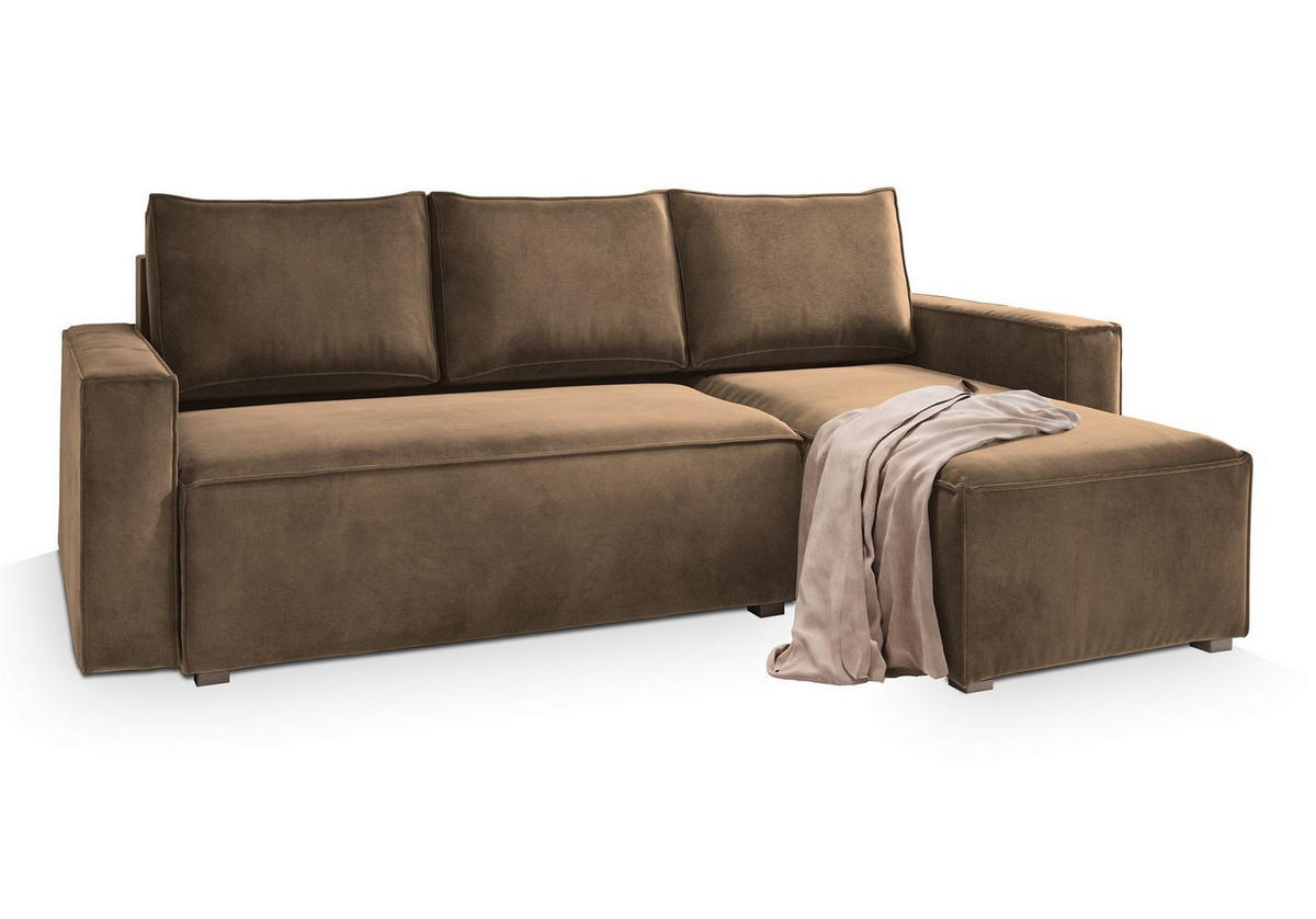 ECKSOFA SILES Beige Velours-Stoff mit Schlaffunktion - Beige, Holz (230/140cm) - MASSENO