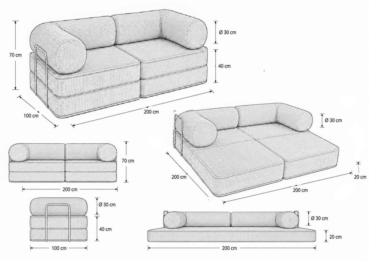 SOFA SURB Duo 100 Schlafsofa 2-Sitzer Khaki 200/100 cm - Chromfarben/Grün, Textil/Metall (200/70/100cm) - SURB