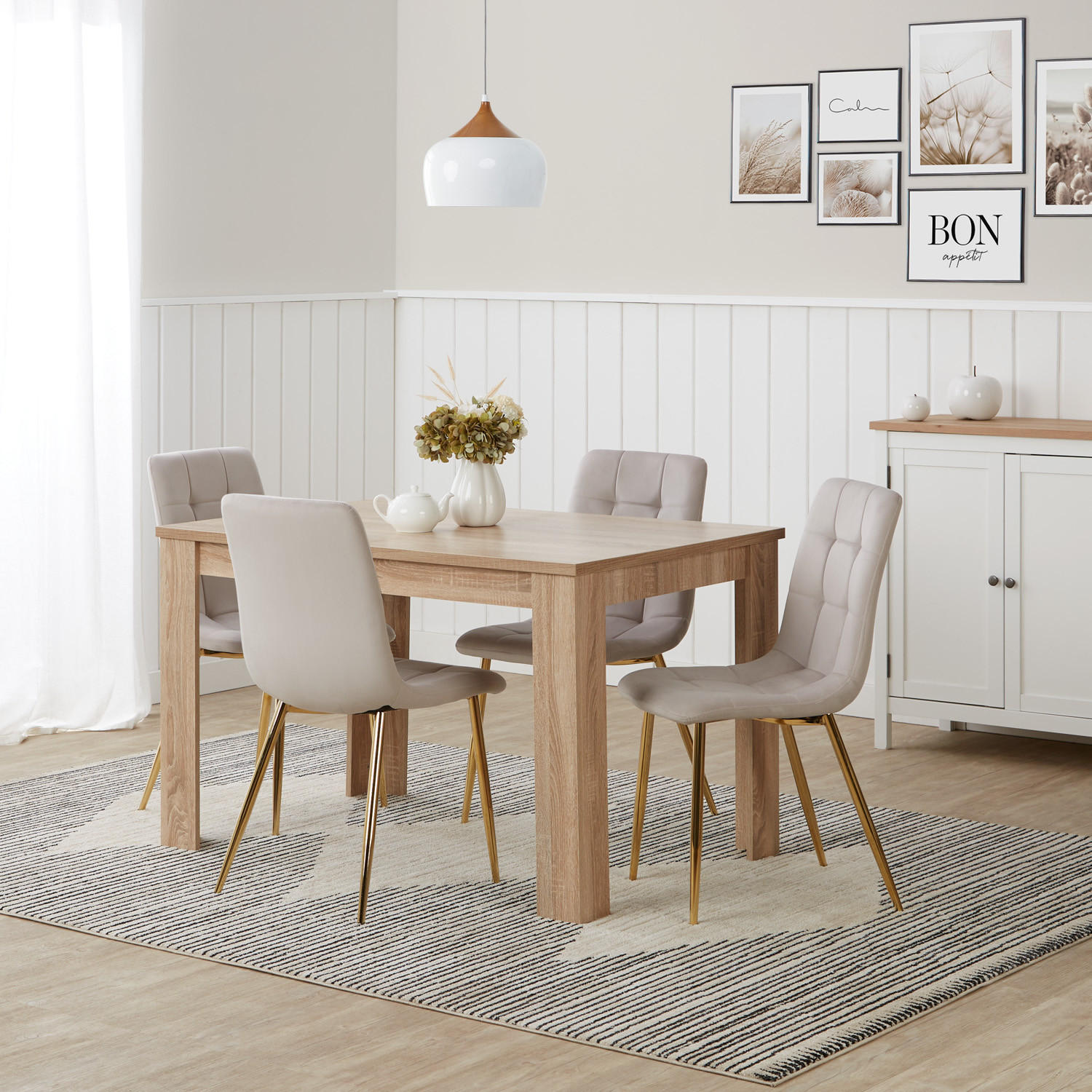 TISCHGRUPPE 120-153 cm ausziehbar mit 4 Stühlen Samt - Beige/Goldfarben, Holz/Textil (80/88/120cm) - Homestyle4u