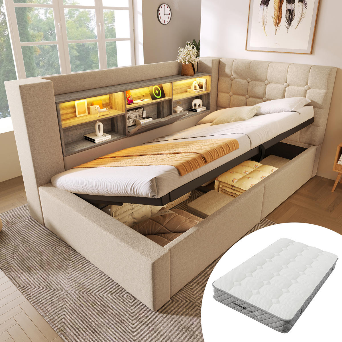 KINDERBETT 90/200 cm DE-01141, in Beige, mit LED, L-Kopfteil und Matratze - Beige, Metall (90/200cm) - ComfortXL