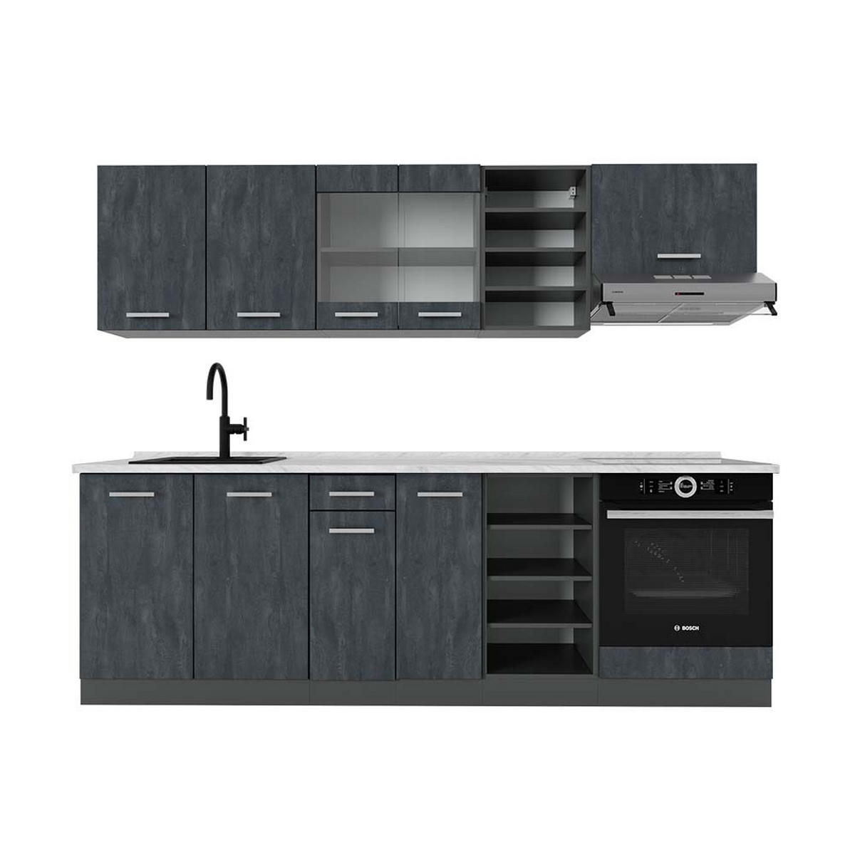 KÜCHENZEILE R-Line Schwarz Beton/Anthrazit 240 cm AP Marmor - Anthrazit/Schwarz, Holzwerkstoff (240/81.6/60cm) - Vicco