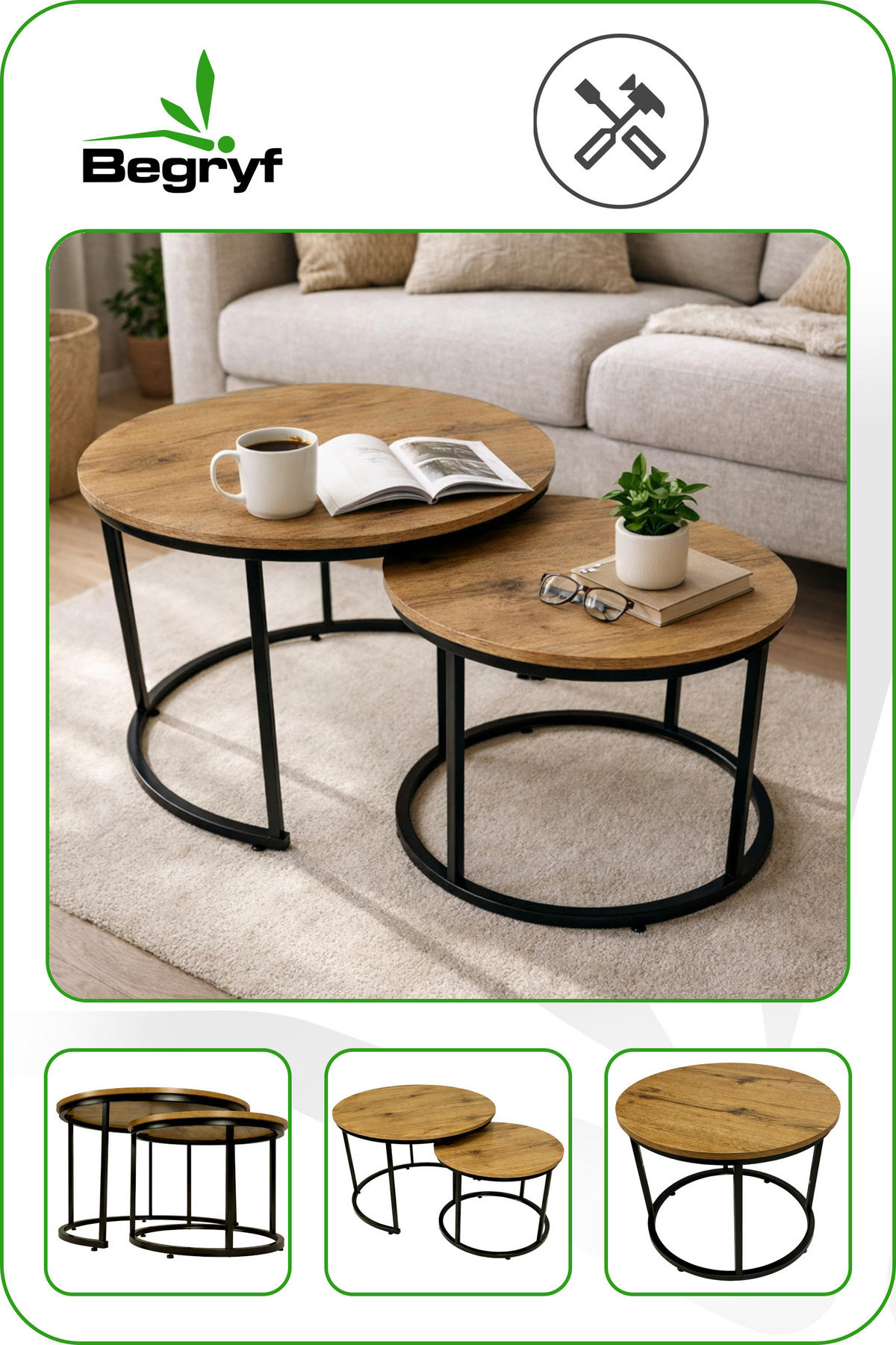 COUCHTISCH Holzoptik Metall Erlefarben Schwarz 2er Set 47x53x53 cm - Erlefarben/Schwarz, Holzwerkstoff/Metall (53/53/47cm) - Begryf