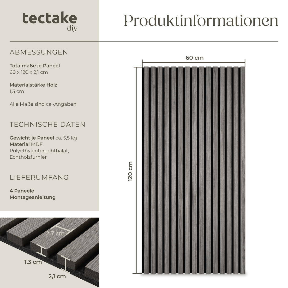 AKUSTIKPANEELE 4er Set Sonic Wall,je 60 x 120 x 2,1 cm, Größe flexibel anpassbar,Eiche hellgrau - Eichefarben/Hellgrau, Holz (60/120/120cm) - tectake