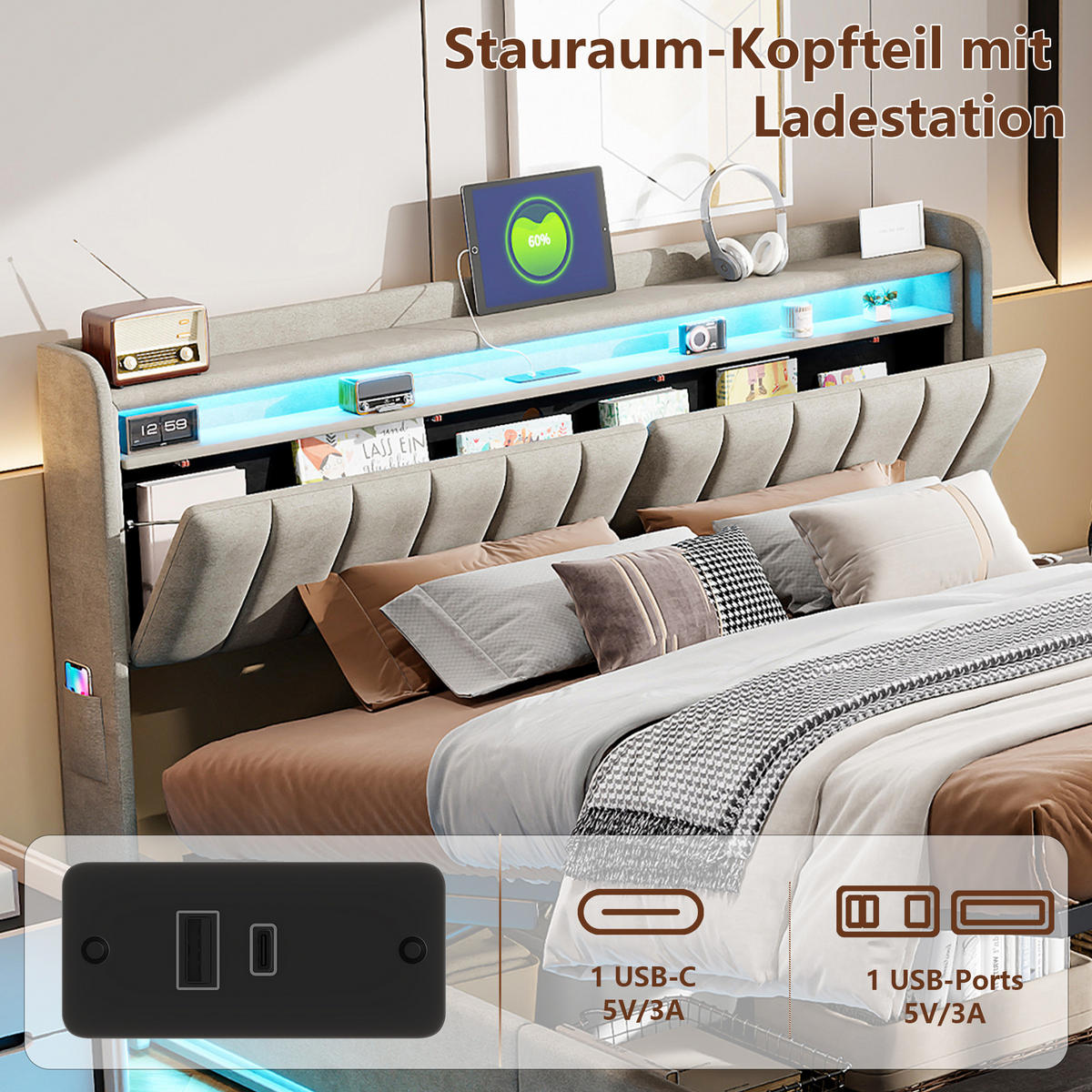 DOPPELBETT 160x200 cm mit Stauraum, LED & USB, gepolstert, Velours, grau - Grau, Metall (160/200cm)