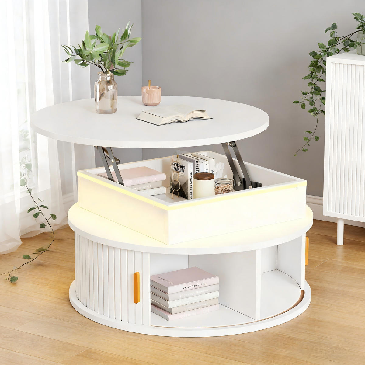COUCHTISCH DE-37119 rund mit LED und 2 Rolltüren Weiß - Weiß, Holzwerkstoff (75/75/36.5cm) - ComfortXL