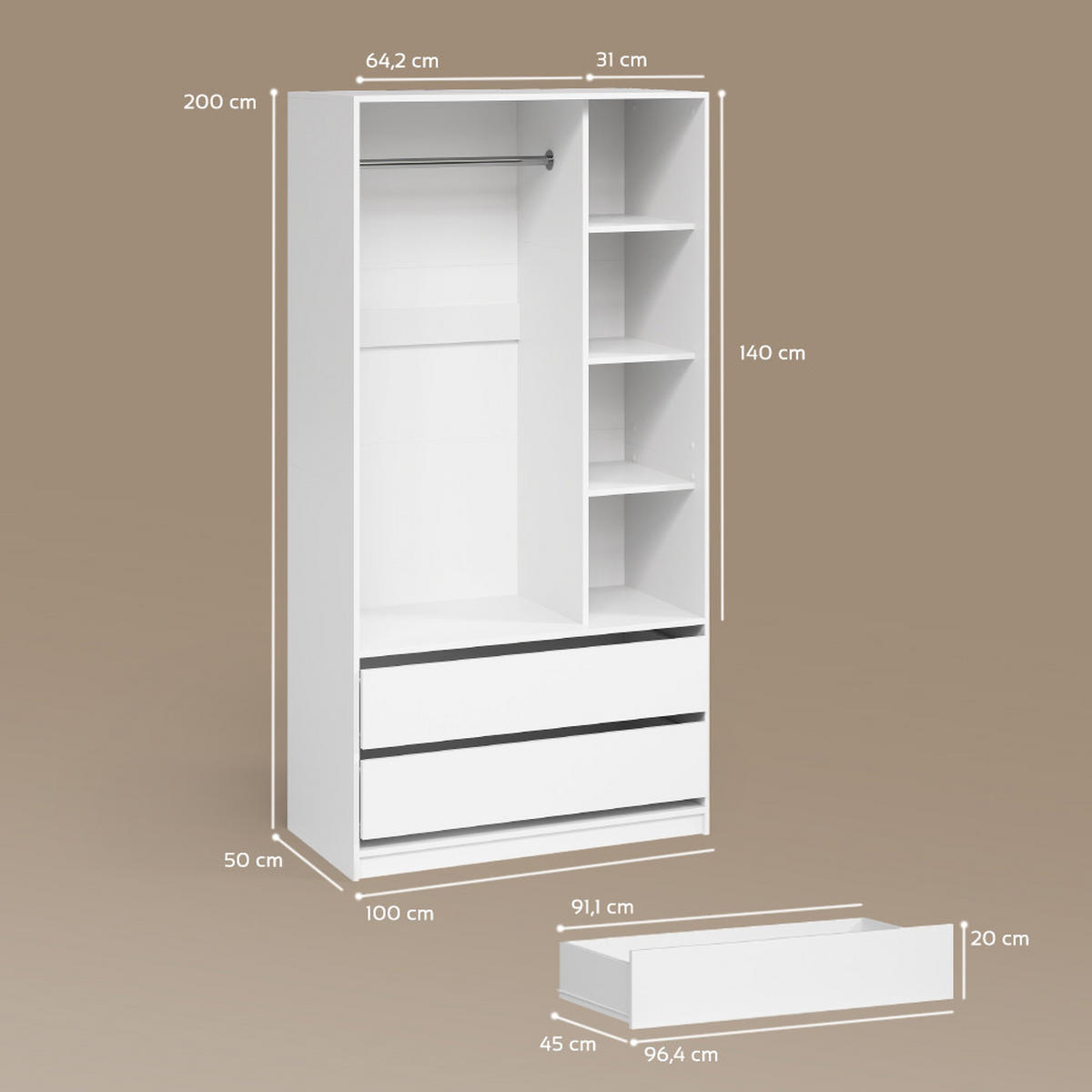 KINDERKLEIDERSCHRANK Trento Weiß 100 x 200 cm mit 2 Schubladen - Weiß, Holzwerkstoff (100/200/50cm) - Livinity®