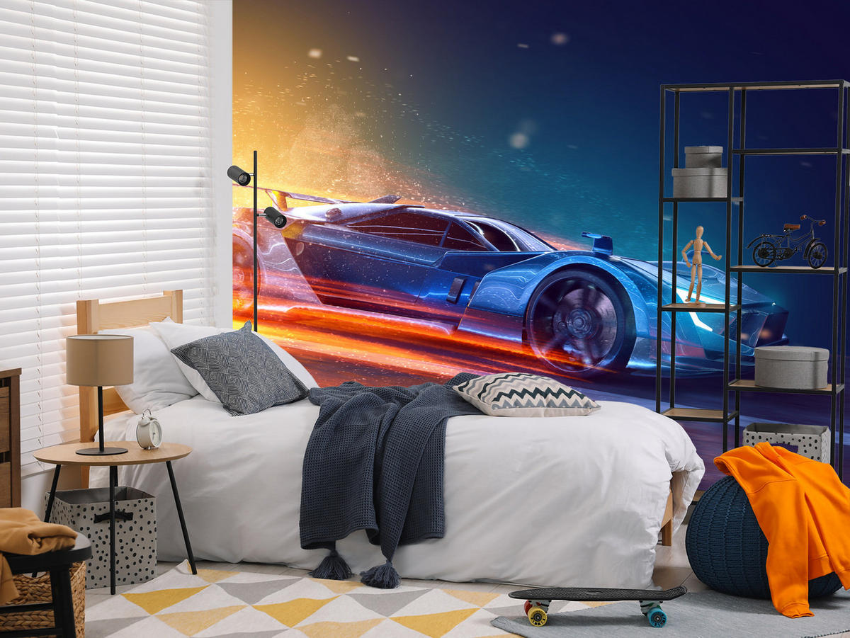 FOTOTAPETE für Jugendzimmer Futuristisches Sportwagen Neon 450x315 - Blau/Gelb, Papier (450/315cm) - Muralo